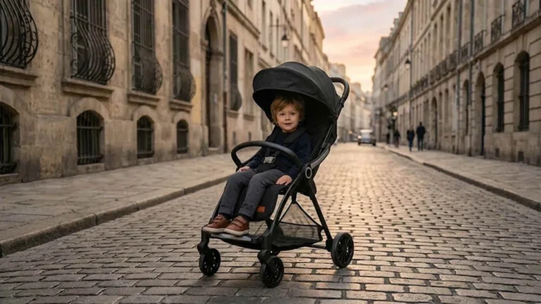22kg stroller wholesale authority: a sturdy grey model with a four-year-old child seated comfortably on a European cobblestone street.