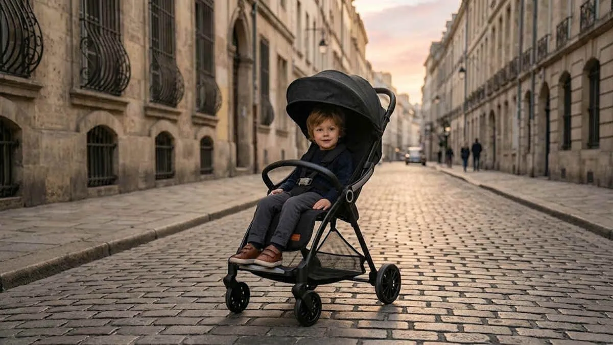 22kg stroller wholesale authority: a sturdy grey model with a four-year-old child seated comfortably on a European cobblestone street.