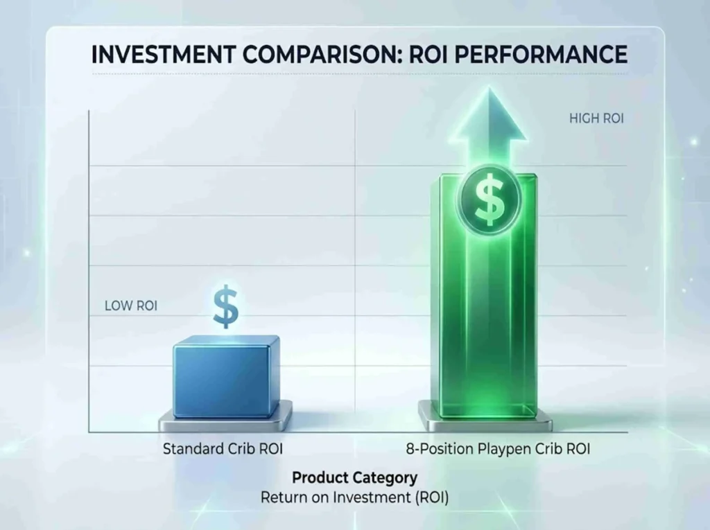 8-Position & Playpen Cribs ROI chart comparing high-return multi-functional models vs standard cribs for retailers.