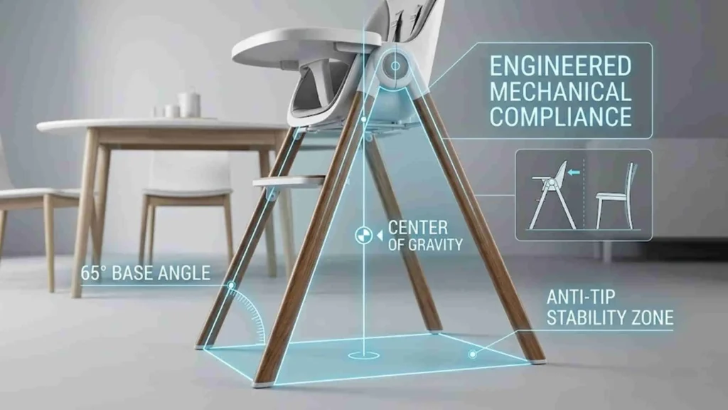 Anti tip high chair wholesale engineered stability diagram. Highlighting the mechanically superior A-frame structure and secure base to prevent baby fall hazards.