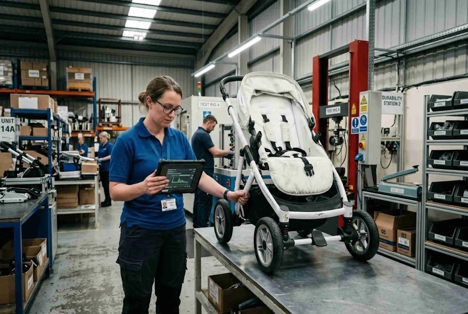 Baby gear testing standards in action. Our quality control engineer conducts physical durability tests on a wholesale stroller in the lab.