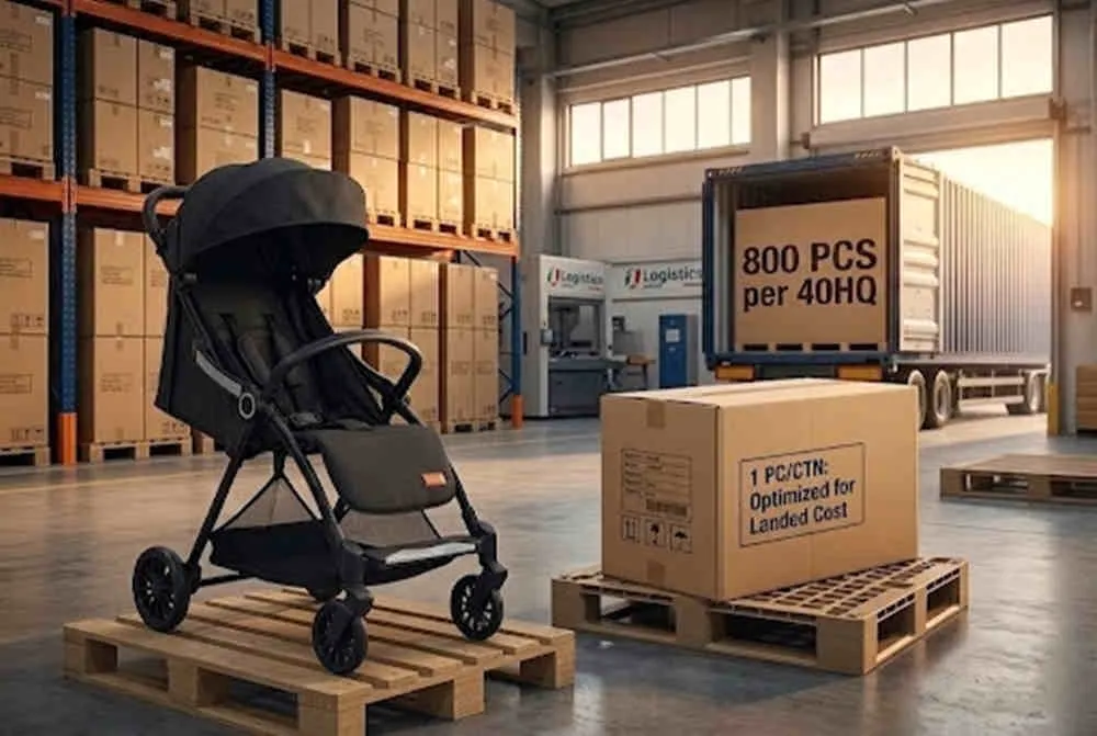 Auto-fold stroller trends: optimized warehouse loading of 800pcs per 40HQ container to slash landed costs.