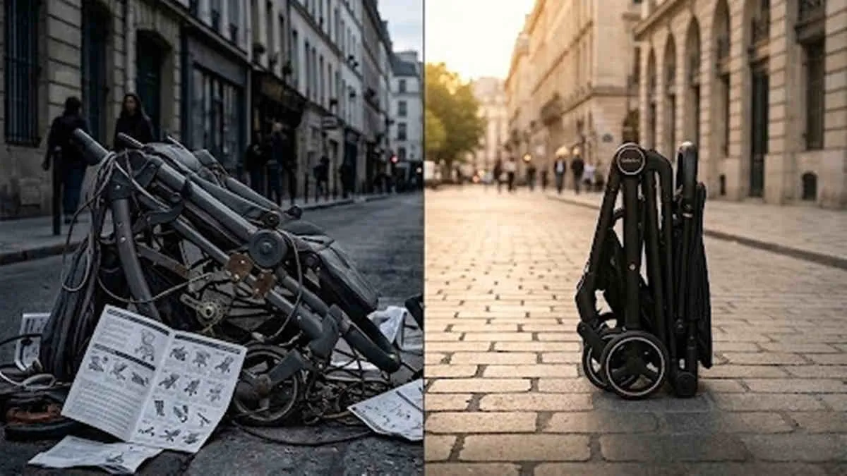 Auto-fold stroller trends comparison: messy manual folding stroller versus the sleek, fast Babylovi auto-fold unit.