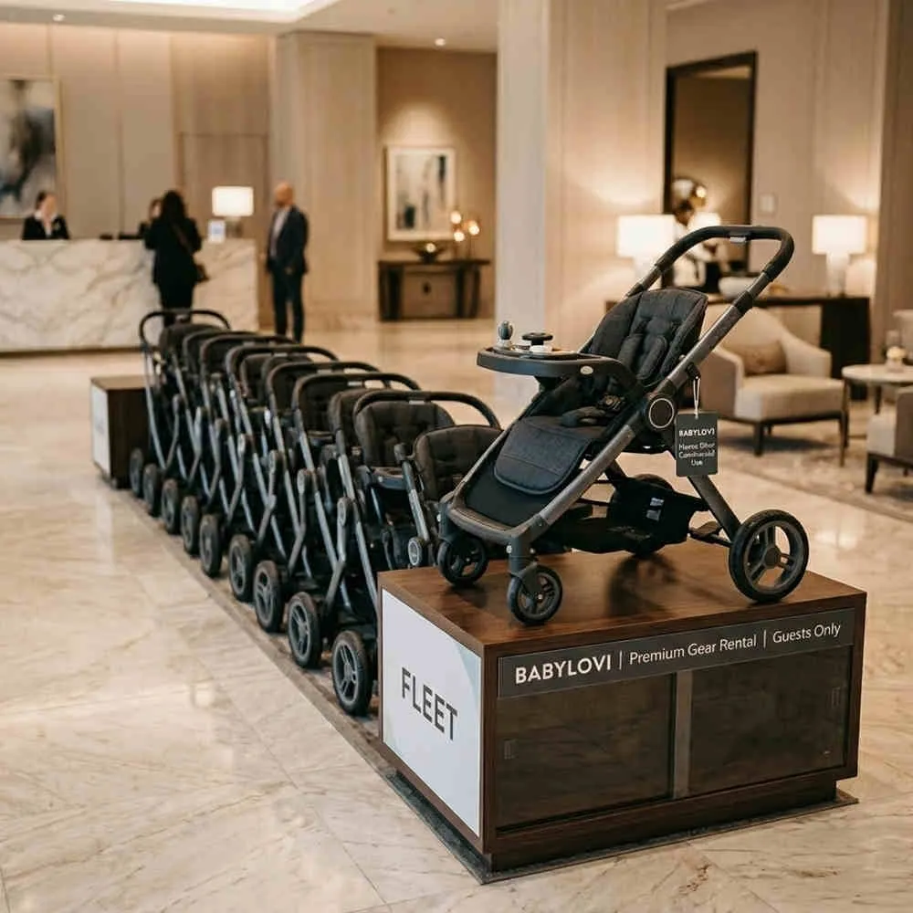 B2B baby gear trends: Fleet of heavy-duty Babylovi rental strollers displayed in a luxury hotel lobby.