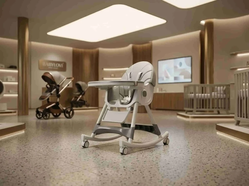 Babylovi Convertible Baby High Chair Wholesale concept: A premium HC553 multi-stage chair with a rocking base in a luxury showroom.