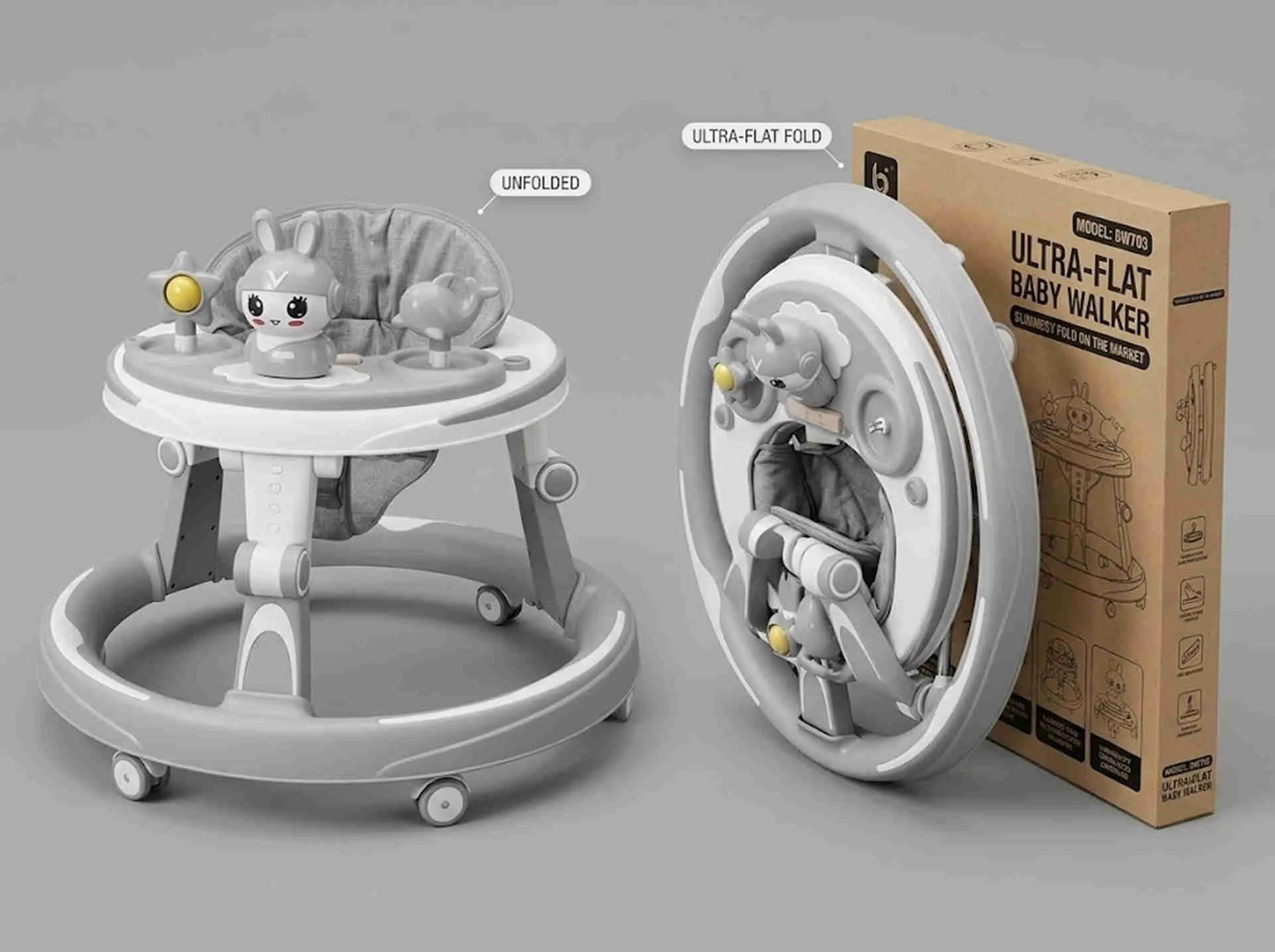High loading capacity baby walker wholesale BW703 shown in unfolded and ultra-flat fold states next to its box.