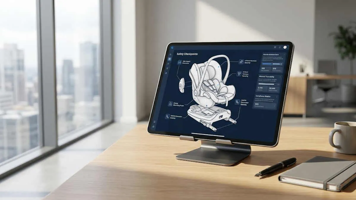 Car Seat Compatibility digital dashboard on a tablet, displaying 3D safety checkpoints for B2B sourcing.