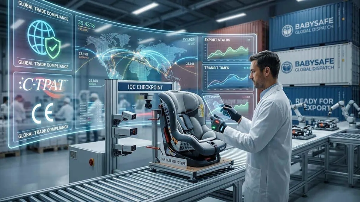 Compliant baby gear sourcing: Technician inspecting a car seat at an IQC assembly line with compliance data.