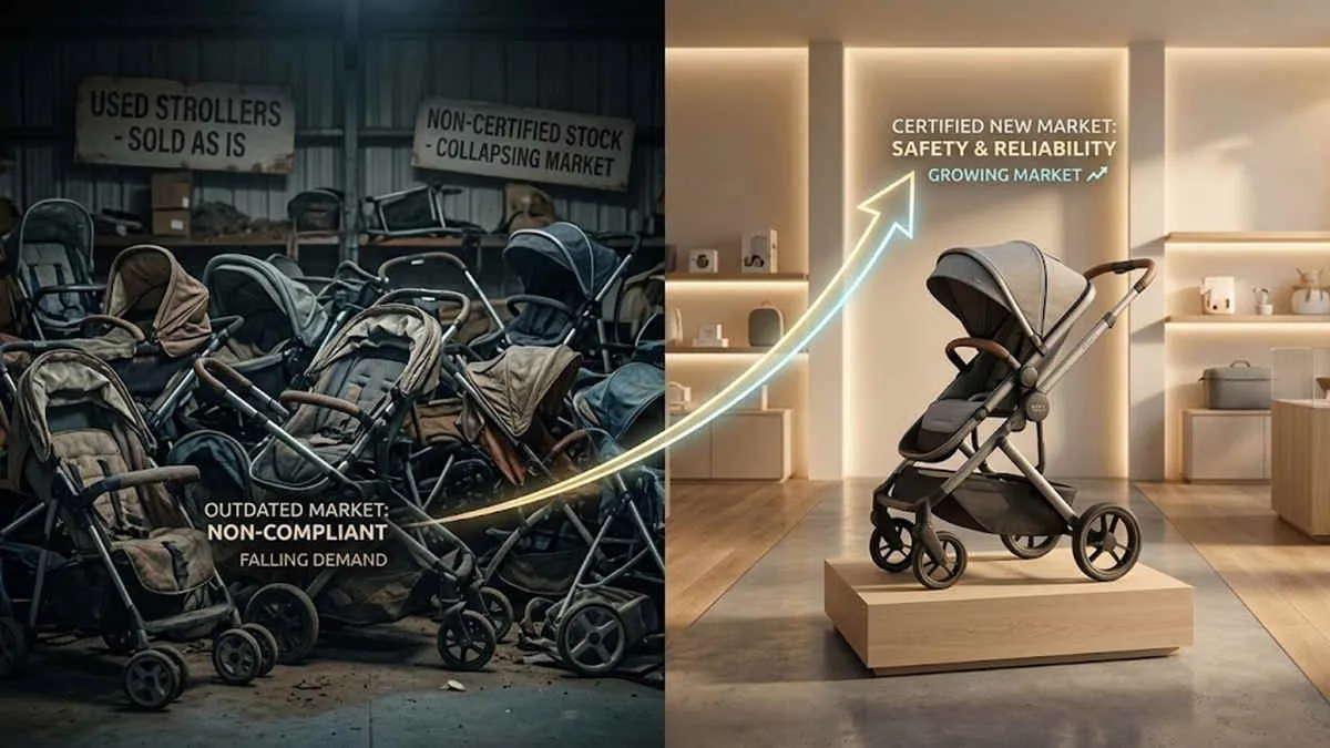 Compliant baby gear sourcing: Split view of old non-compliant strollers versus a certified new showroom model.
