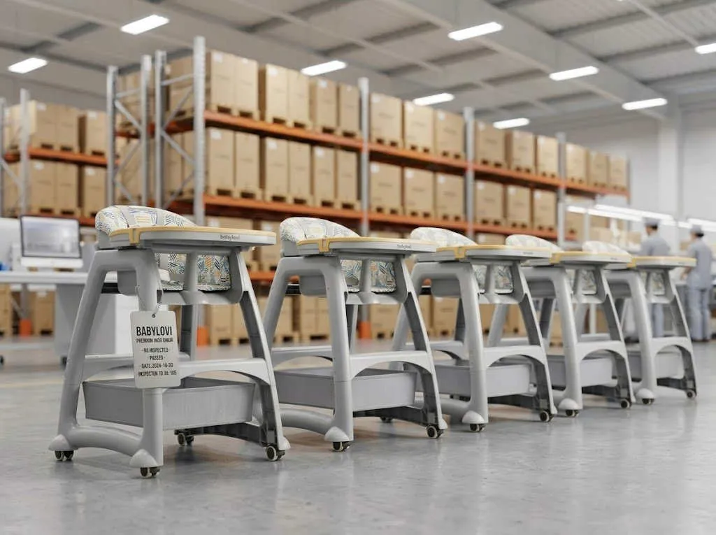 Securing your supply chain with Global Safety Compliance: Pristine, certified baby high chairs ready for global export in a modern B2B facility.