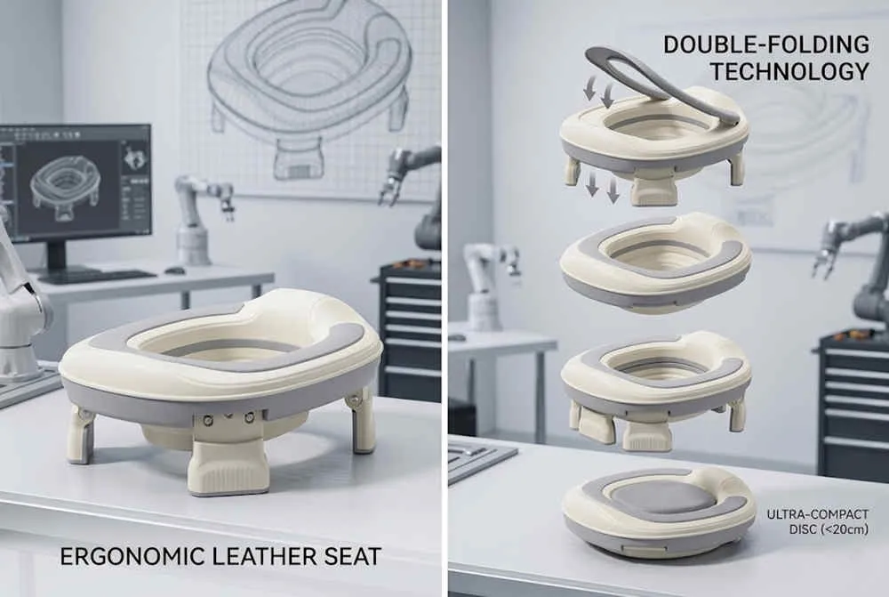 Foldable Baby Potty Wholesale design showing double-folding technology into an ultra-compact disc.