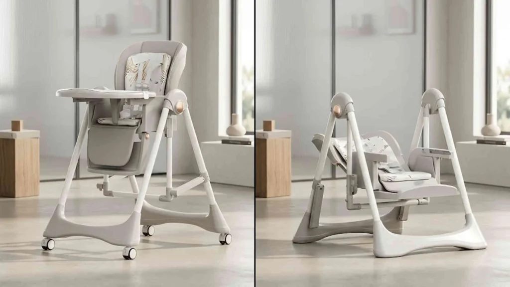 Grow With Me High Chair Wholesale value: A split-screen view of a multi-stage baby chair transforming from a tall high chair to a low rocker.