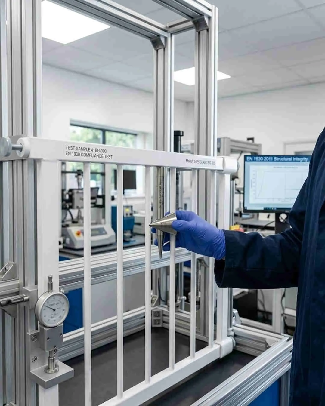 High margin baby gear safety audit: lab technician testing baby gate frame gaps for EN 1930 structural compliance.