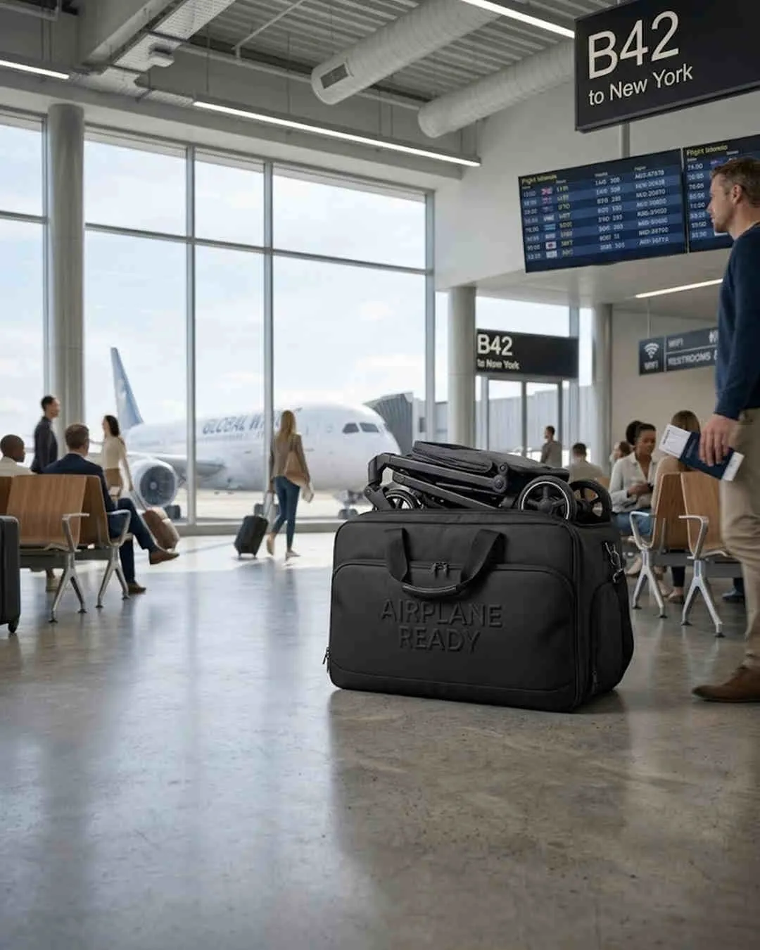 High margin baby gear sourcing: a premium black airplane-ready stroller travel bag displayed at a modern airport terminal.