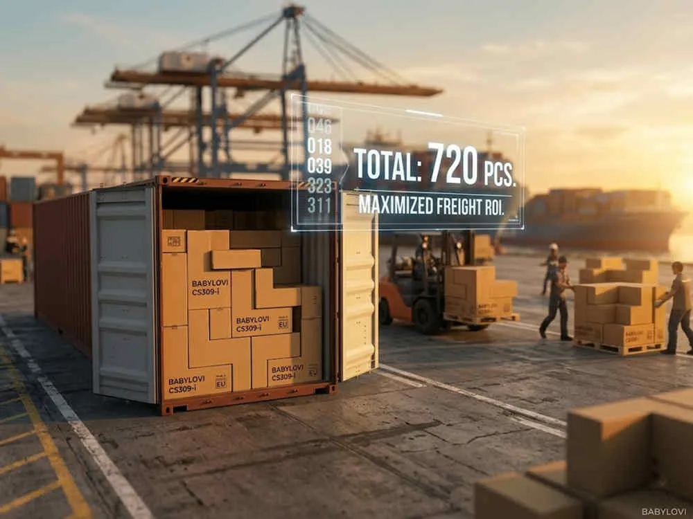 Hybrid i-Size car seat logistics showing 720 pieces loaded in a 40HQ container using L-shape box packaging.