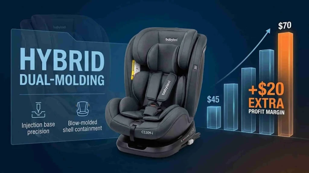 Hybrid i-Size car seat CS309-i showing a $20 FOB profit margin increase and ROI growth chart for B2B buyers.