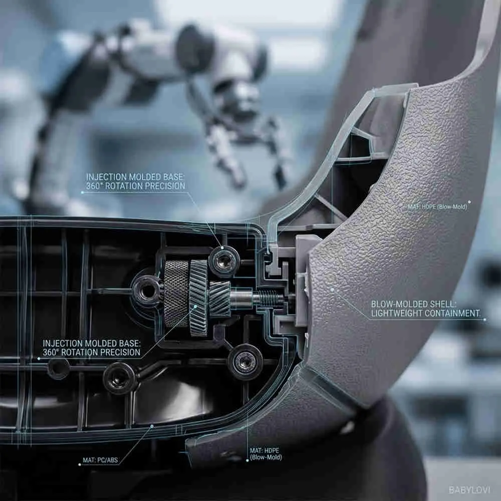 Hybrid i-Size car seat engineering detail showing injection-molded base and blow-molded shell for R129 safety.