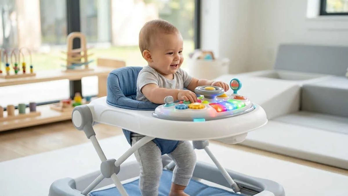 Interactive baby walker wholesale with light-up musical tray for sensory and motor development.