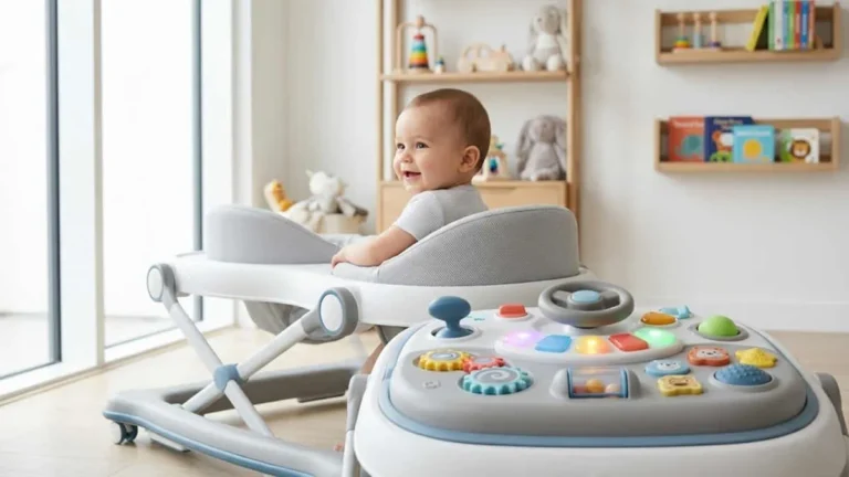Interactive baby walker wholesale model with 360-degree rotating seat and musical activity tray.