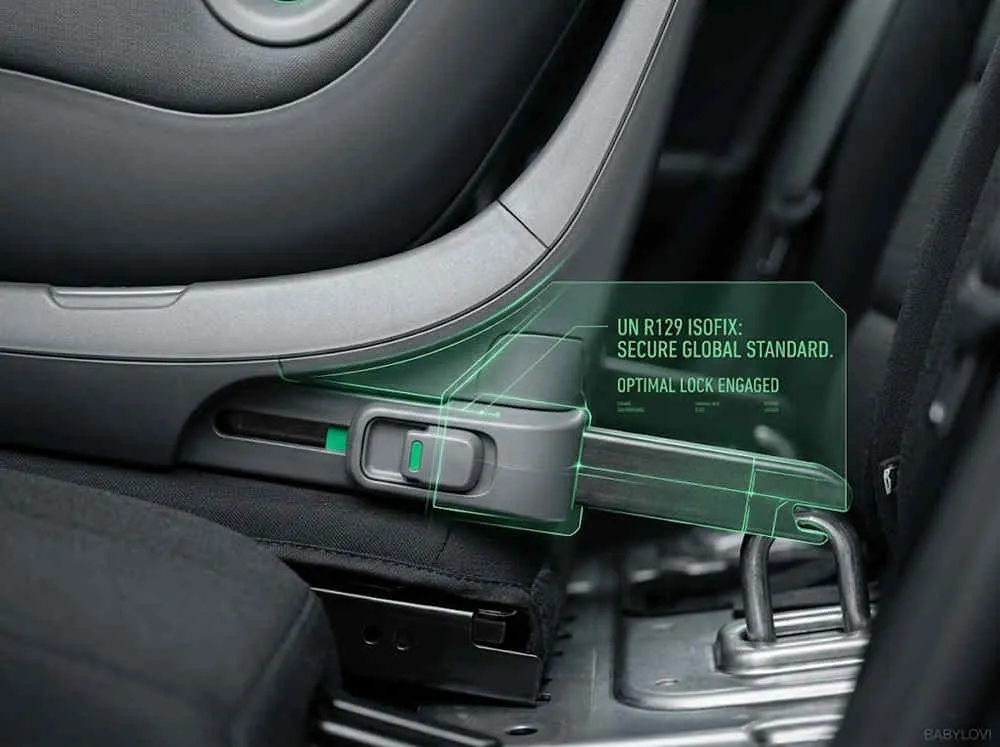 ISOFIX car seat installation: Close-up of Babylovi secure UN R129 global standard locking mechanism with digital overlay.