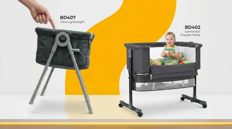 Lightweight bedside crib comparison: Ultra-light 4.6kg BD407 vs versatile BD402 playpen mode.
