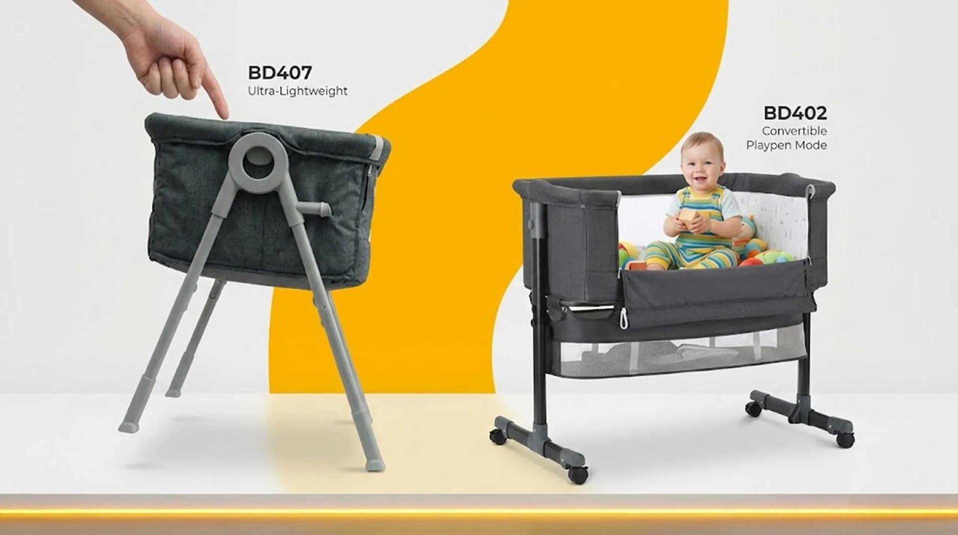 Lightweight bedside crib comparison: Ultra-light 4.6kg BD407 vs versatile BD402 playpen mode.