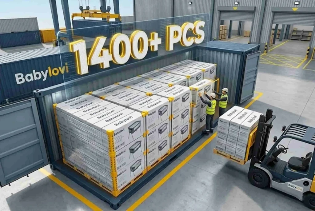 Lightweight bedside crib loading: 1414 pieces of BD407 fit in a 40HQ container for max ROI.