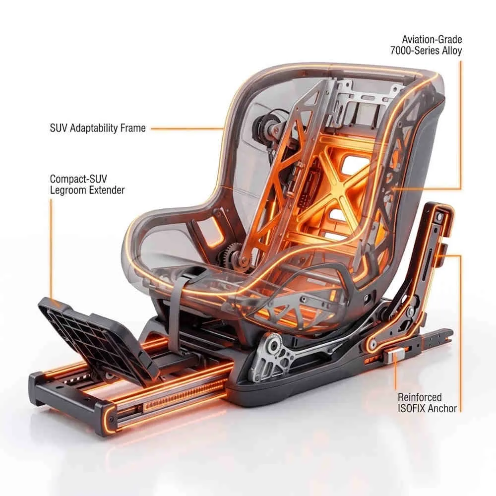 Modular Car Seat Trends: 3D render of an alloy chassis featuring a legroom extender and ISOFIX anchors.