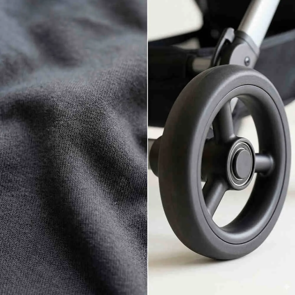 Modular Car Seat Trends: Split view showing premium breathable dark fabric and a silent EVA wheel.