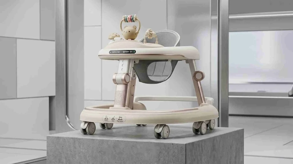 Multifunctional baby walker supplier prototype with high-tech digital display in a premium wholesale showroom.