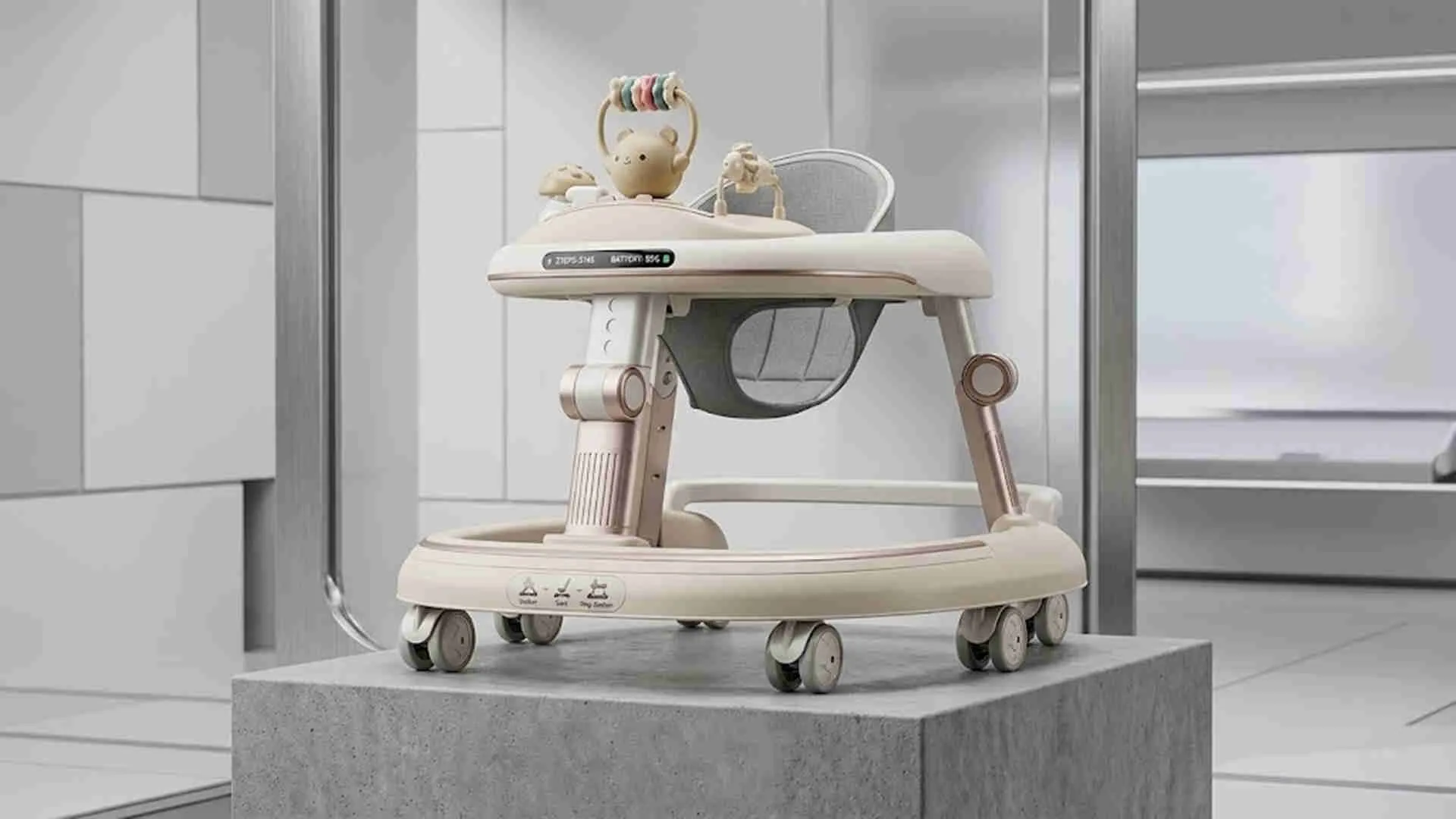 Multifunctional baby walker supplier prototype with high-tech digital display in a premium wholesale showroom.