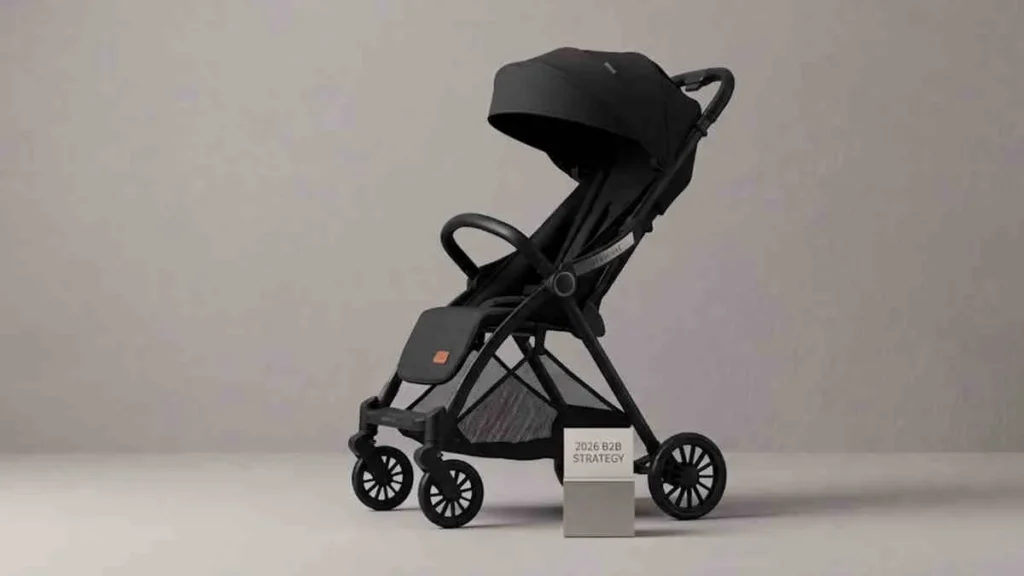 Premium stroller sourcing: Full profile of the matte black Babylovi ST523 with stitched leather handle.