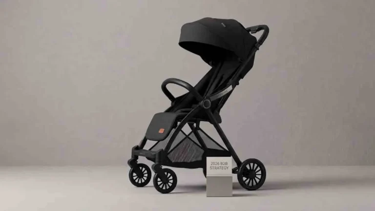 Premium stroller sourcing: Full profile of the matte black Babylovi ST523 with stitched leather handle.