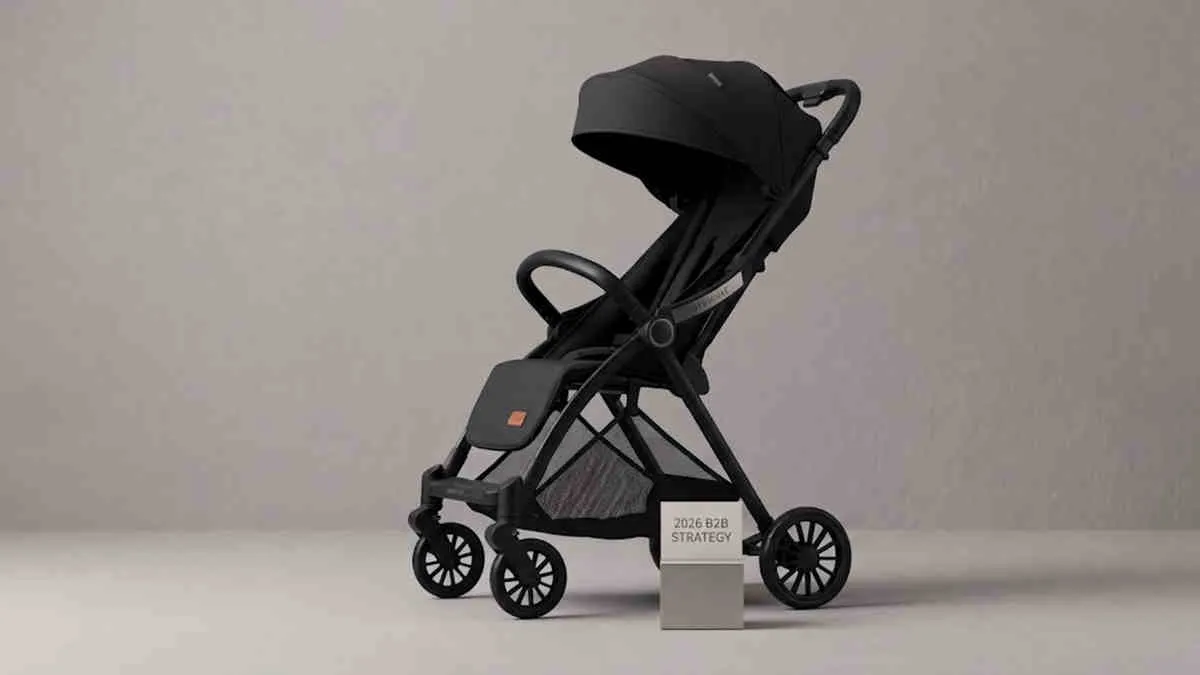 Premium stroller sourcing: Full profile of the matte black Babylovi ST523 with stitched leather handle.