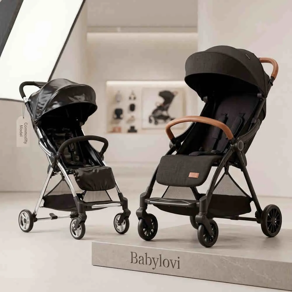 Premium stroller sourcing comparison: Cheap shiny commodity model next to the matte black Babylovi ST523.