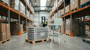 Space Saving High Chair Wholesale loading strategy: Ultra-slim folded units stacked on a pallet next to an assembled mint green baby chair in a B2B warehouse.