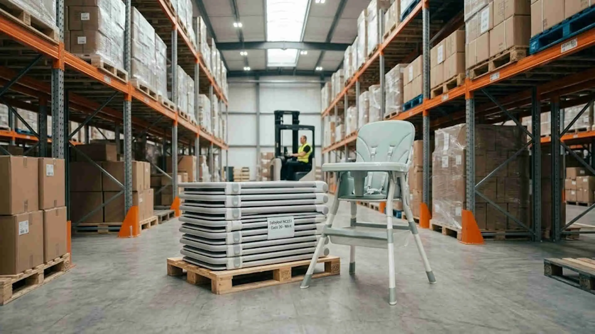 Space Saving High Chair Wholesale loading strategy: Ultra-slim folded units stacked on a pallet next to an assembled mint green baby chair in a B2B warehouse.