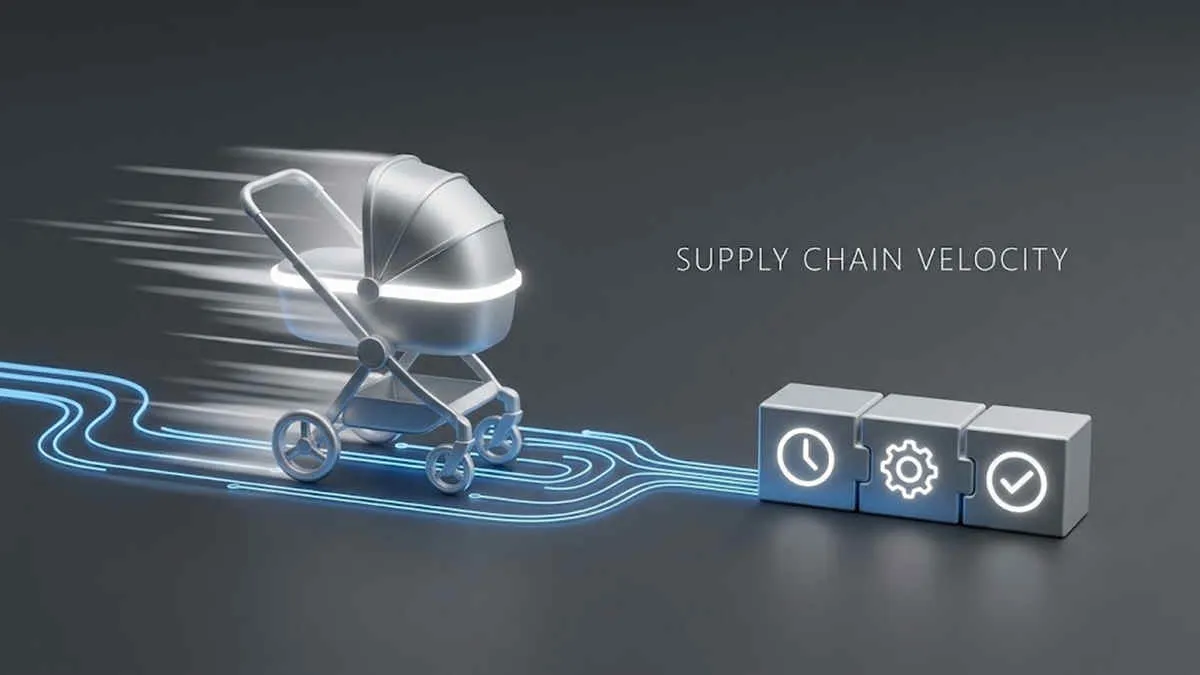 Stroller Lead Time Optimization: Silver stroller speeding on a digital path toward time, gear, and check icons.