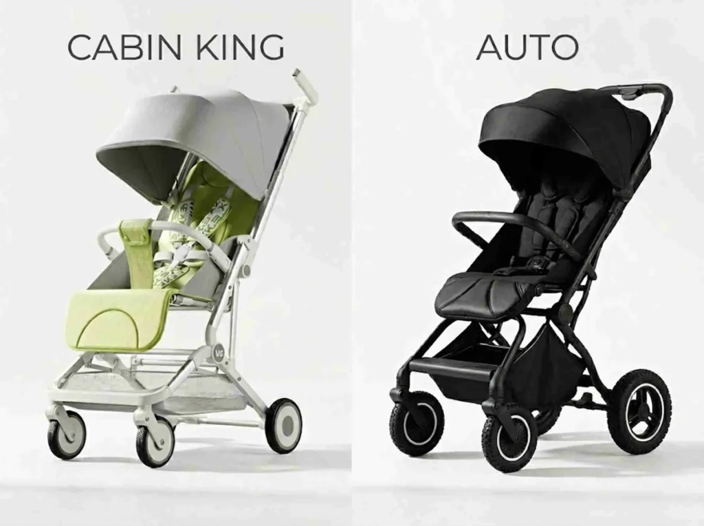 Baby Gear Recalls safety check: comparing two stroller models, the lightweight light-green Cabin King and the all-black Auto.