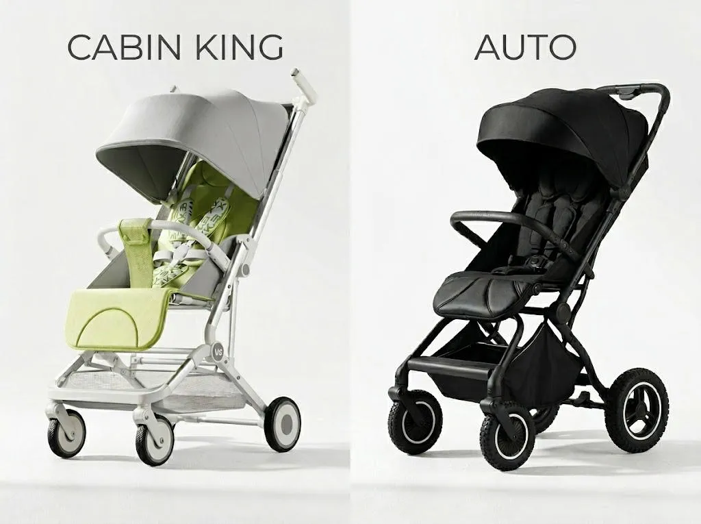 Baby Gear Recalls safety check: comparing two stroller models, the lightweight light-green Cabin King and the all-black Auto.