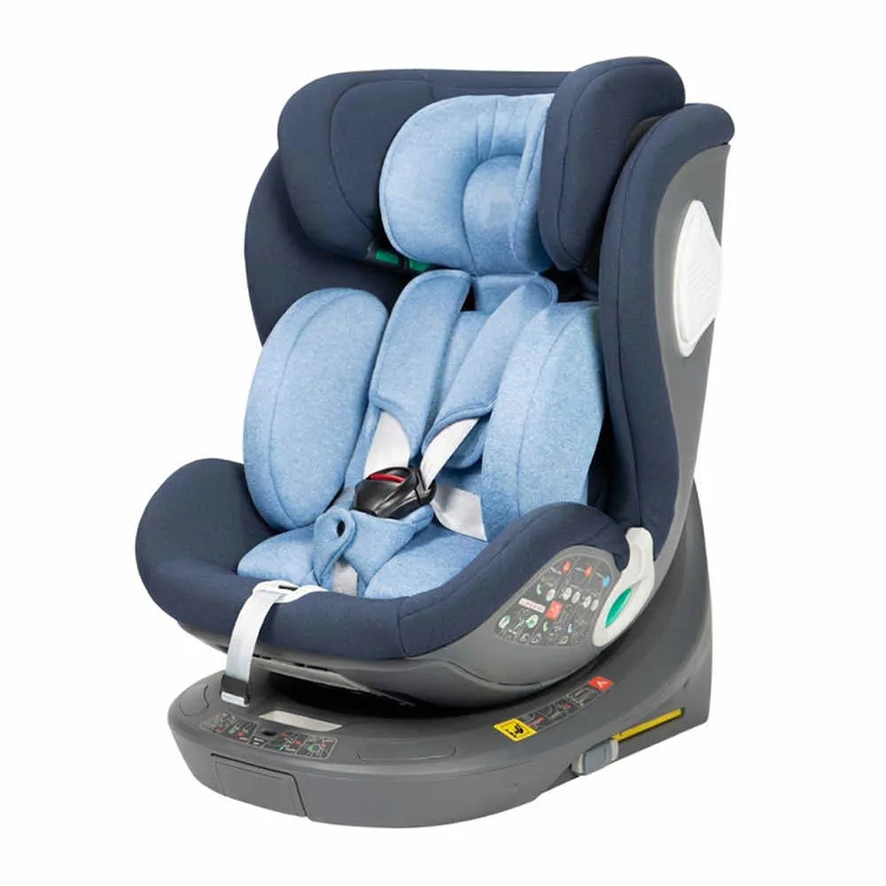 Side view of Wholesale 360 i-Size Car Seat CS306-i. Blue 40-150cm rotating seat with ISOFIX and support leg base.