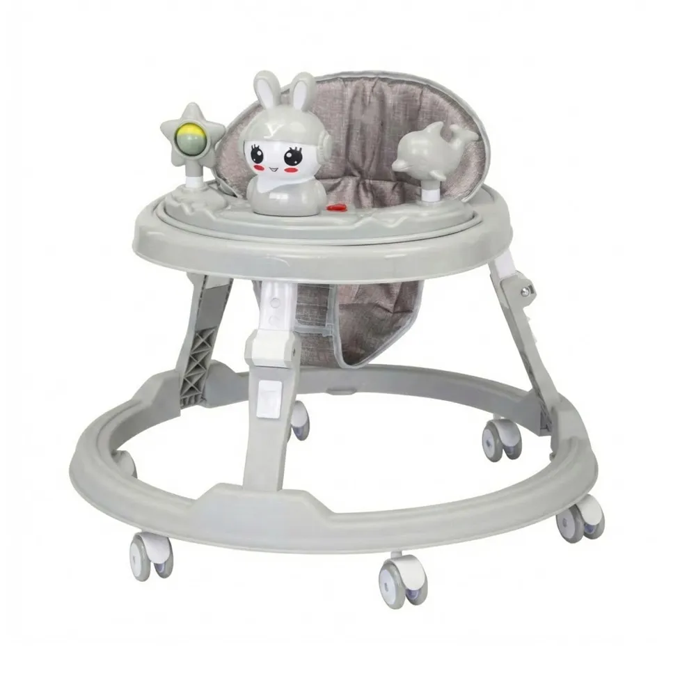 Wholesale Activity Baby Walker BW701 in grey featuring an interactive rabbit toy tray and anti-scratch wheels.