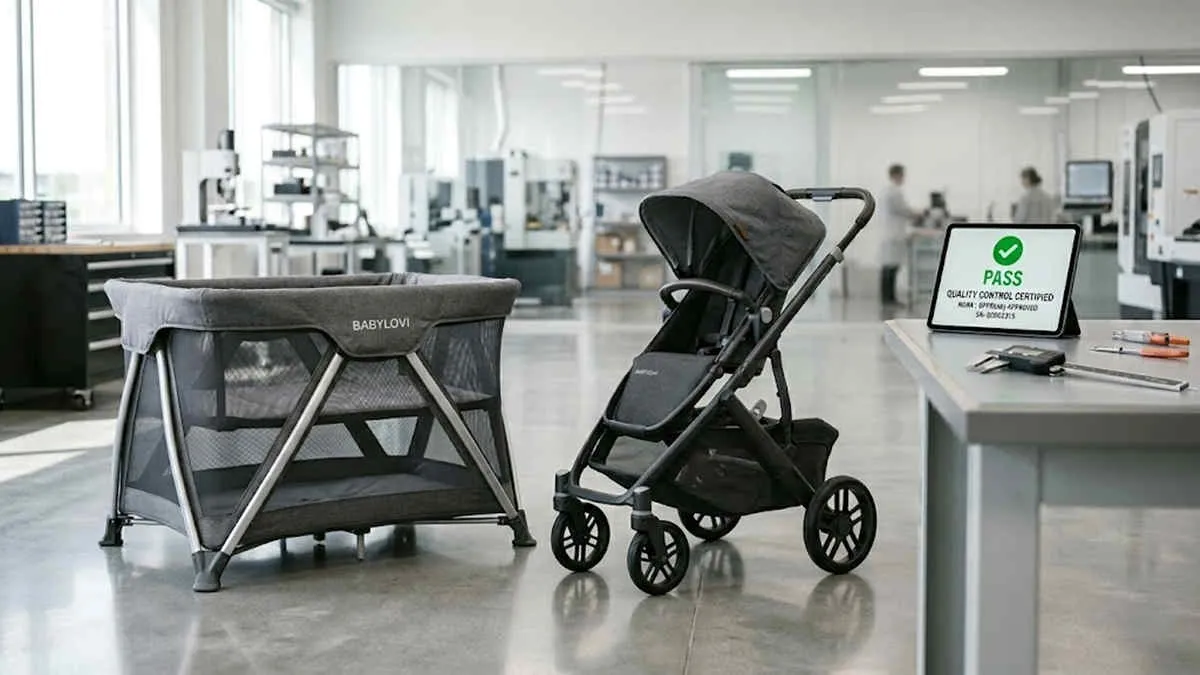 Wholesale Baby Playpen Safety certified pass: Premium playpen, stroller, and QA tablet in high-tech lab.