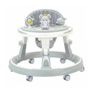 Wholesale Foldable Baby Walker BW703 in grey featuring a mouse-themed musical toy tray and space-saving design.