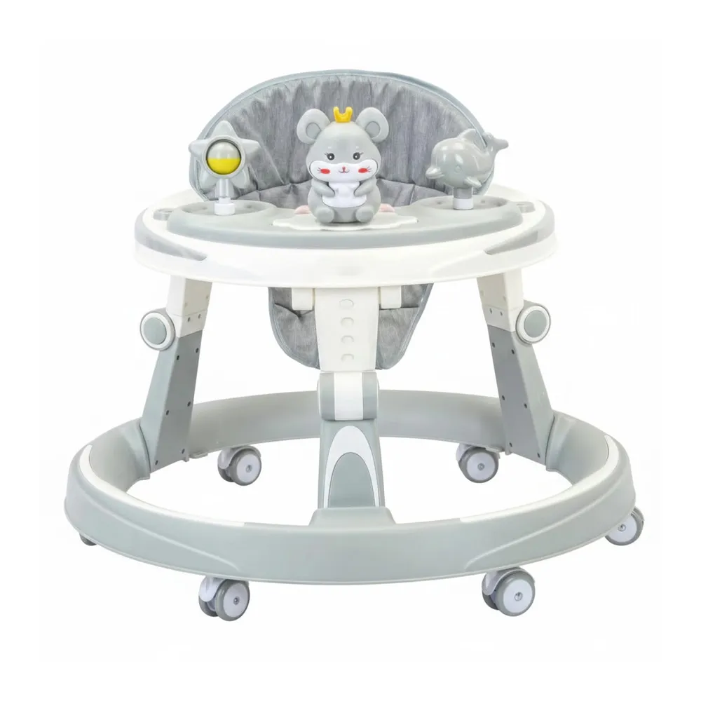 Wholesale Foldable Baby Walker BW703 in grey featuring a mouse-themed musical toy tray and space-saving design.