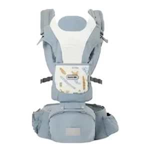 Wholesale Hip Seat Baby Carrier BC601 in blue with breathable 3D mesh, storage waistband, and detachable headrest.