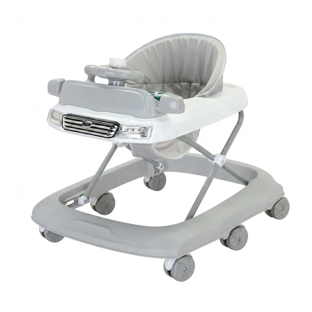 Wholesale Musical Baby Walker BW704 in grey with a car dashboard toy tray and wide anti-scratch base.