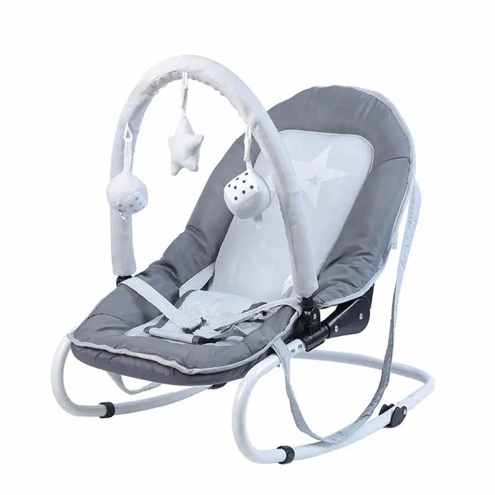 Wholesale nursery furniture baby rocker: a grey and white foldable bouncer chair featuring an overhead toy bar.