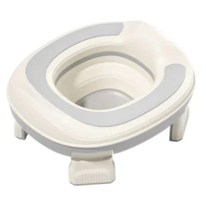 Wholesale Portable Baby Potty PT291 in grey featuring a double folding design, PU cushion, and 3-in-1 travel versatility.