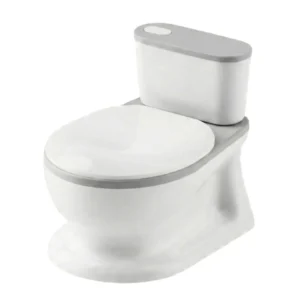 Wholesale Realistic Baby Potty PT202 in grey featuring a flushing sound button, PU cushion, and tissue storage box.
